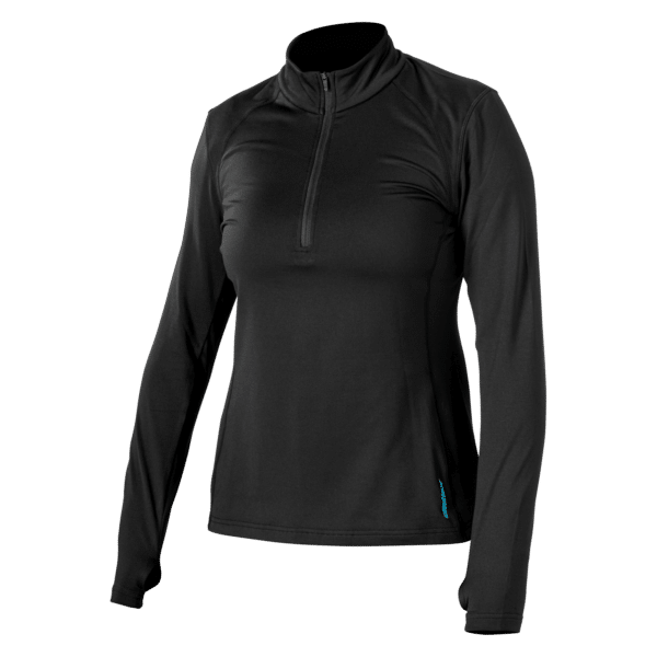 The Women's Regulator 1/4 Zip Top is a form-fitting, black long-sleeve athletic top featuring a high collar and a quarter-zip front. This performance fabric design highlights the brand label, which displays blue text, and is attached near the bottom hem.