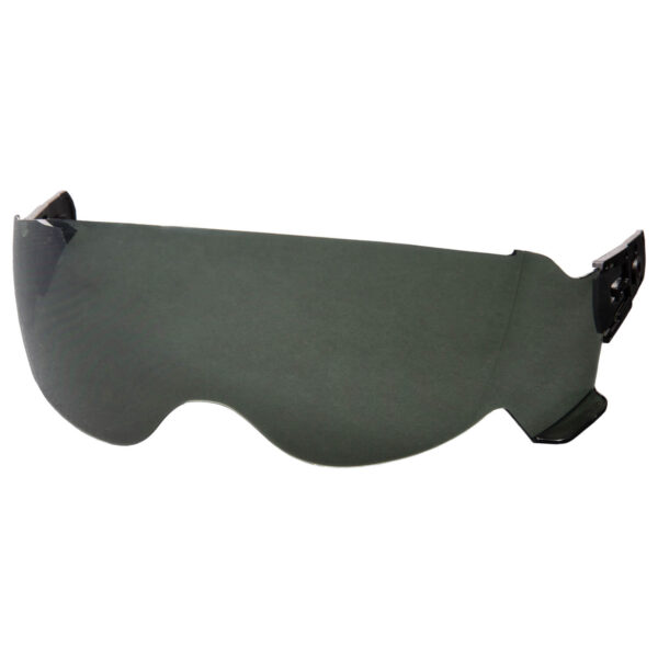 The Replacement Sunshield for Fulmer 360 FORGE and 303 NOMAD is a large, tinted visor with a curved shape designed to cover the face. It features adjustable side attachments for securing the sunshield to a helmet or headgear, providing protection against bright lights or impact.