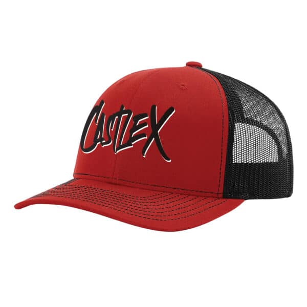 A red and black Ollie Snapback Hat featuring the word "CASTEX" boldly displayed in white and black stylized letters on the front, with black mesh material on the back and side panels.