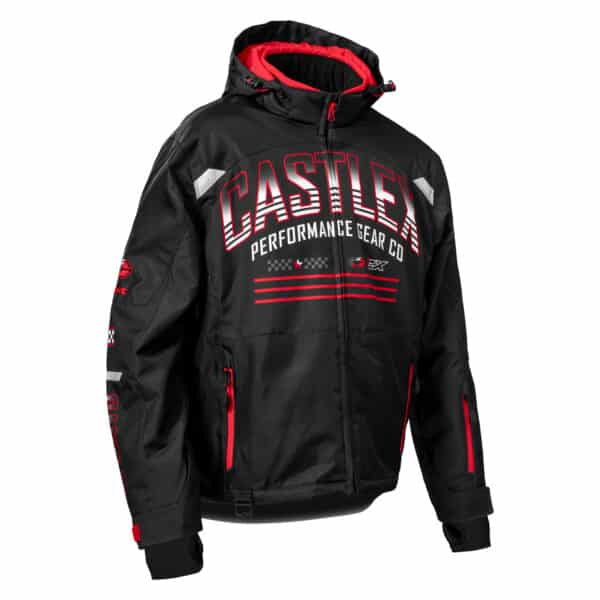 A performance gear jacket named "Men's Strike Jacket 2025," featuring a black and red color scheme with "Castle Performance Gear Co" printed in bold letters on the front. The jacket comes equipped with a hood, zippered pockets, and various decorative patches and accents.