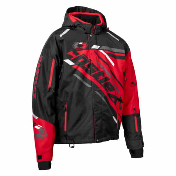 A Men's React Floater Jacket in red and black featuring a hood, multiple zippers, pockets, and graphic designs including the word "CastleX" on the sleeve and chest, accented with silver and white highlights.