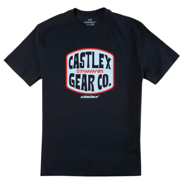 Men's United T-Shirt in black, featuring a bold design on the front with the text "CASTLEX GEAR CO. ESTD 1973" in red and white, surrounded by a red and white shield-shaped border. The brand name "castleX" also appears below the main design.