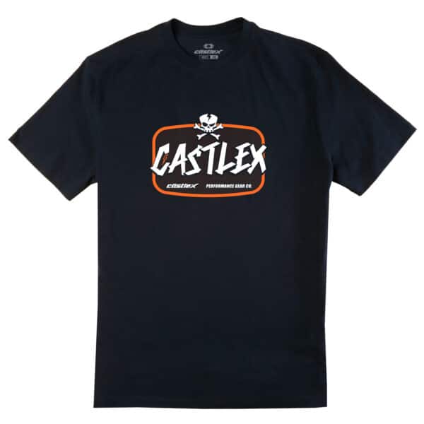 The Men's United T-Shirt features a bold design on the front with "CASTLEX" in striking white, stylized letters accompanied by a small skull and crossbones above. The phrase "Performance Gear Co." is printed below "CASTLEX," while the Castlex logo sits at the bottom. The entire design is enclosed in an orange-bordered rectangle on a black T-shirt.