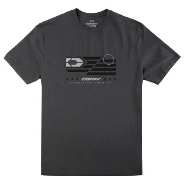 The Men's United T-Shirt is a dark gray short-sleeve shirt with a geometric graphic design in varying shades of gray across the chest. Below the design, "Castellex Performance Gear Co." is printed. The shirt features a round neck and has a small Castellex logo inside the collar.