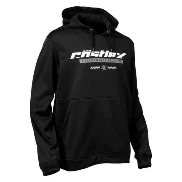 Introducing the Men's Tracker Hoodie, a black hoodie with a front pocket and drawstring hood. It features "FASTWAY Performance Gear Co." printed in white across the chest and boasts a minimalistic design.