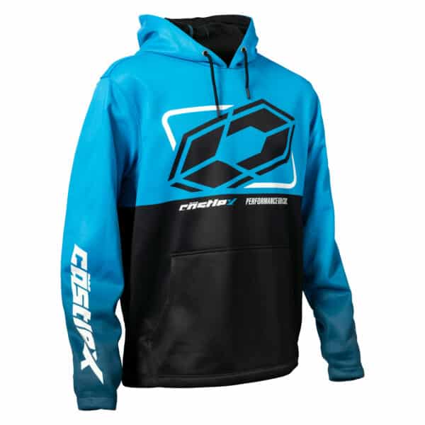 The Men's Tracker Hoodie features a striking blue and black design with a large geometric logo on the chest. It prominently displays the brand name "ACERBIS" on both the left sleeve and the front pocket. The hoodie also includes a front pocket and adjustable drawstrings for added convenience.