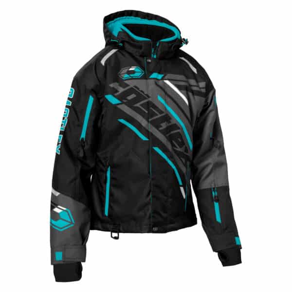 The Women's React Floater Jacket in black, gray, and teal is displayed. It features a hood and multiple zippers, showcasing a geometric design with the brand logo on the left sleeve and chest. The jacket includes adjustable cuffs, front pockets, and a high collar for added warmth.