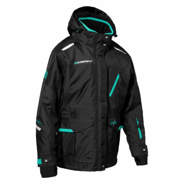 Introducing the Women's West Shore Jacket, a stylish black and teal winter jacket equipped with a hood and multiple pockets. This jacket features secure zipper closures, and eye-catching teal accents on the chest pocket, lower pockets, cuffs, along with some branding text. The fabric is durable and specially designed to keep you warm in cold weather conditions.