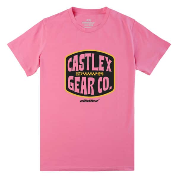 Men's United T-Shirt in pink featuring a yellow, black, and pink graphic on the front with the text "CASTLEX GEAR CO." and "ESTD 1973." Additionally, the word "Castlex" is printed smaller near the bottom.