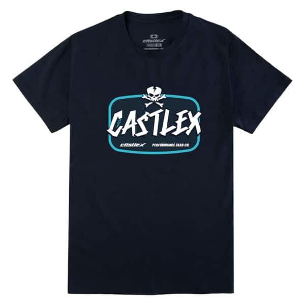 A black Men's United T-Shirt with a bold front design featuring the text "CASTLEX" in a striking font. Above the text is a stylized skull with crossed bones, and below, the subtitle reads "Performance Gear Co." The design is framed in a turquoise border.