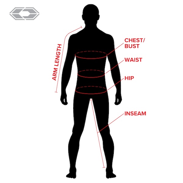 Silhouette of a person with measurement lines indicating chest/bust, waist, hip, inseam, and arm length. Text labels specify each measurement in red. A logo is in the top left corner.