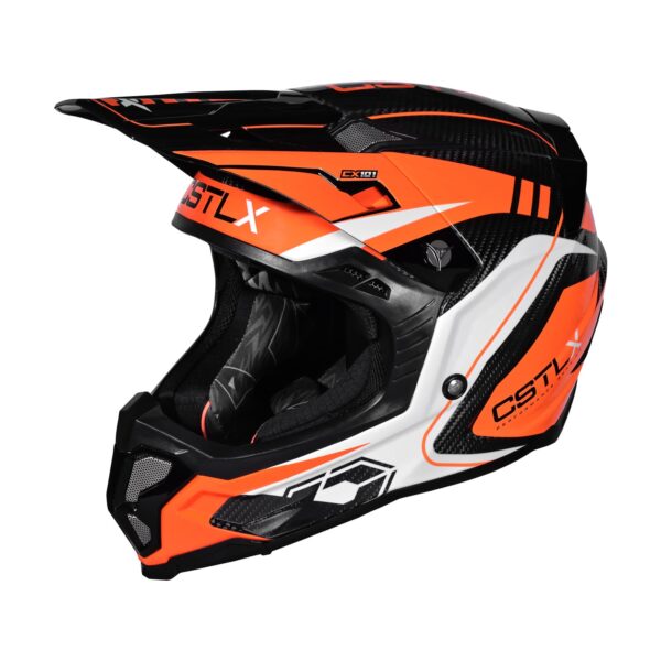 The CX101 Carbon Ascent MX Helmet is an aerodynamic blend of orange, black, and white colors with sleek geometric patterns and a stylish visor.